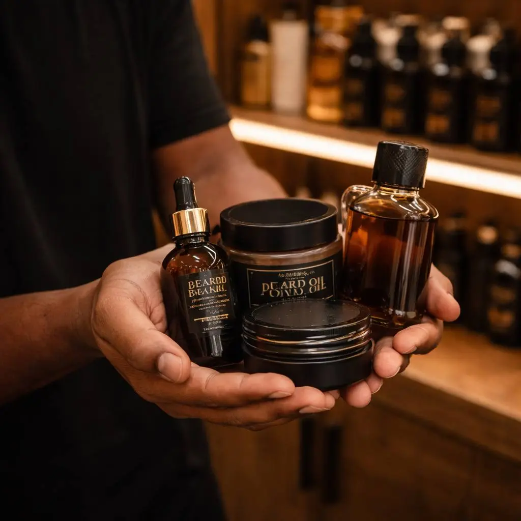 beard care products including beard oil and balm held in hands