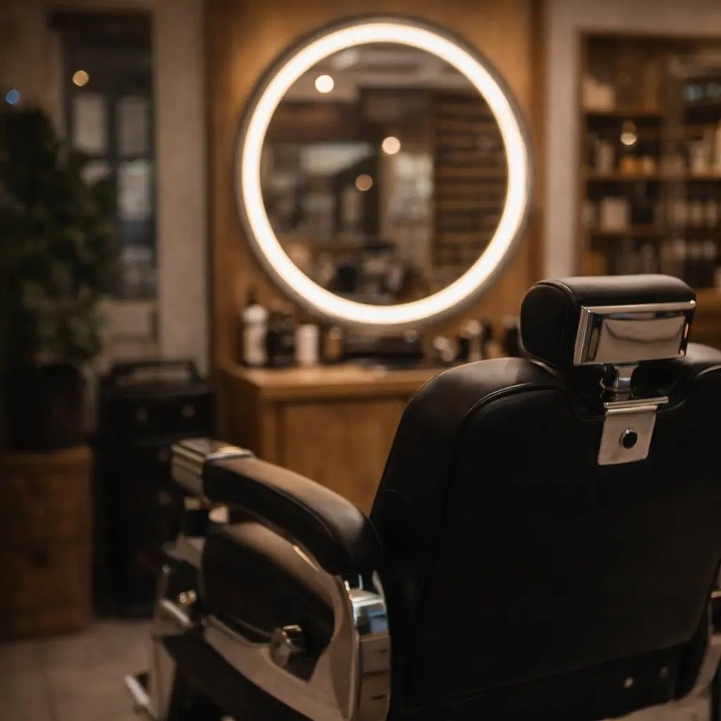 modern barber chair with illuminated mirror