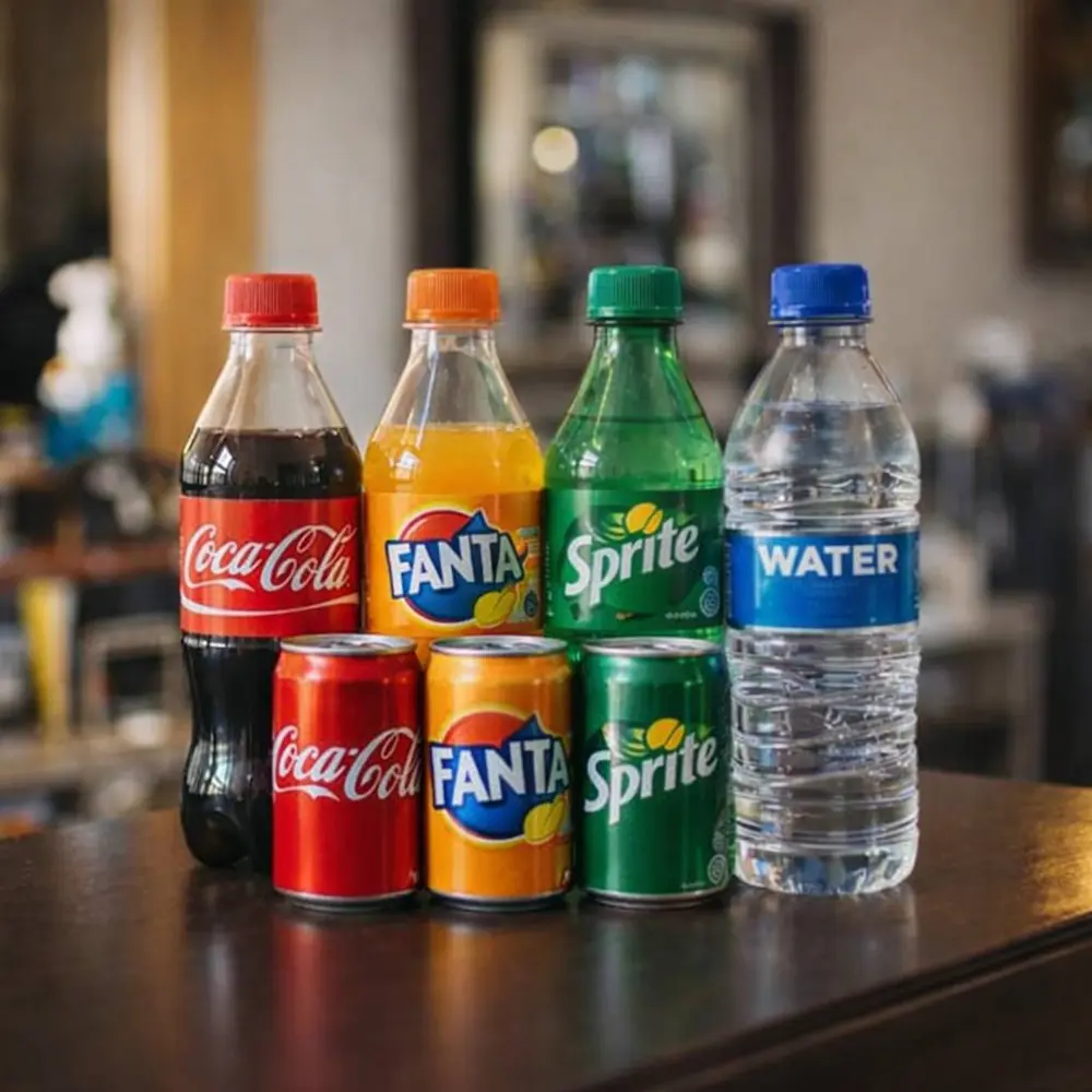 soft drinks and water bottles offered to clients at Kings Afro Barbershop in Dubai