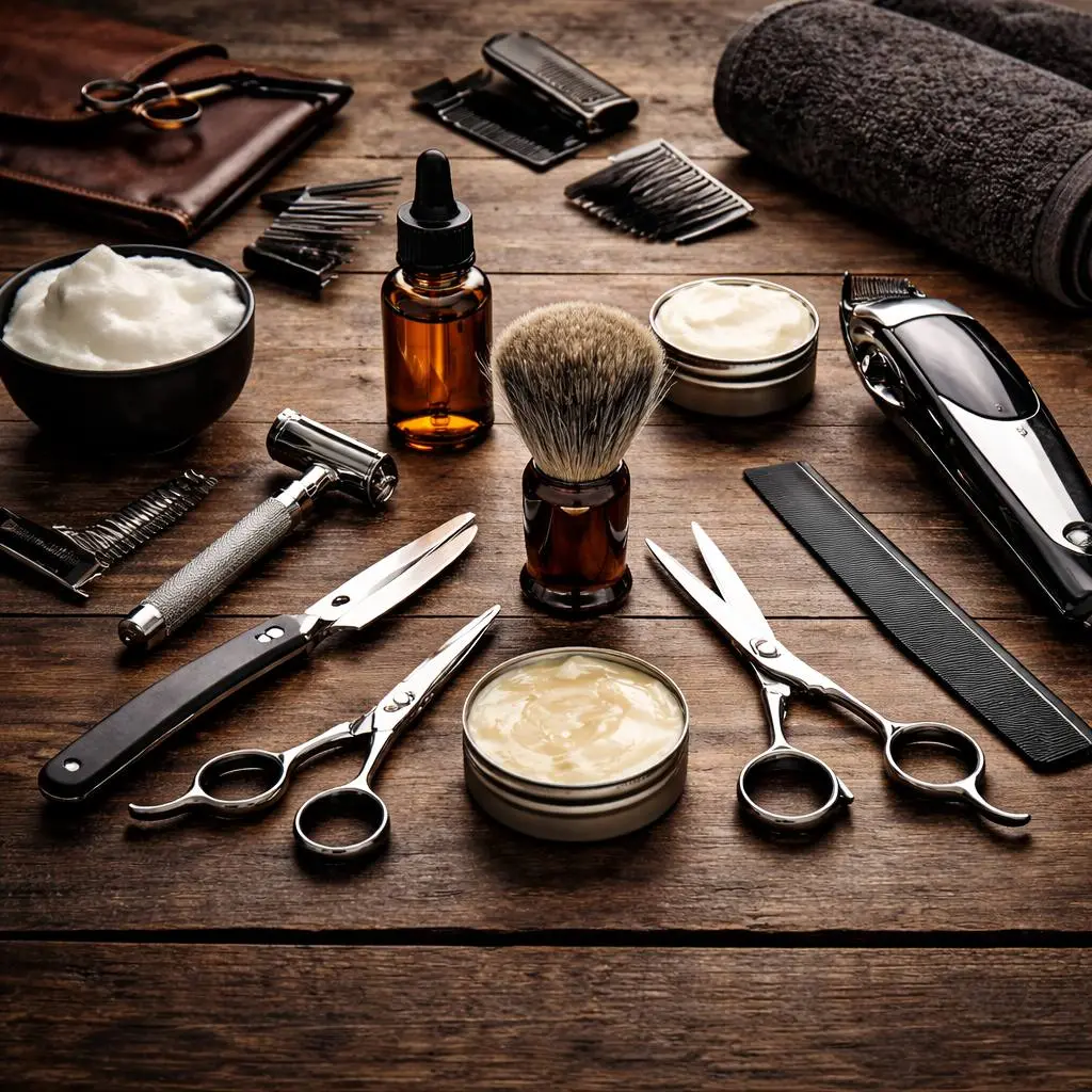 professional barber tools including scissors, clippers, razor, brush and grooming products arranged on a wooden table