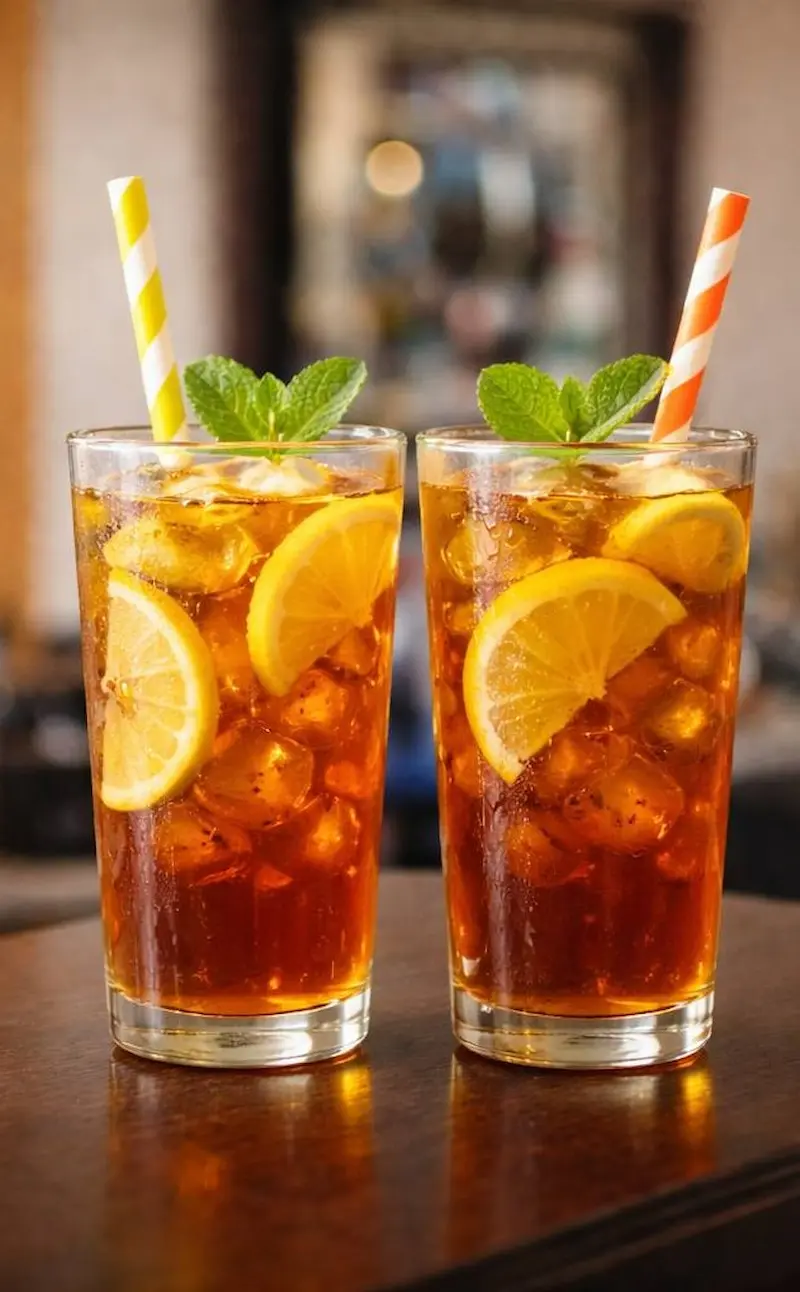 two glasses of iced tea with lemon slices, mint leaves and straws served on a table in a barbershop